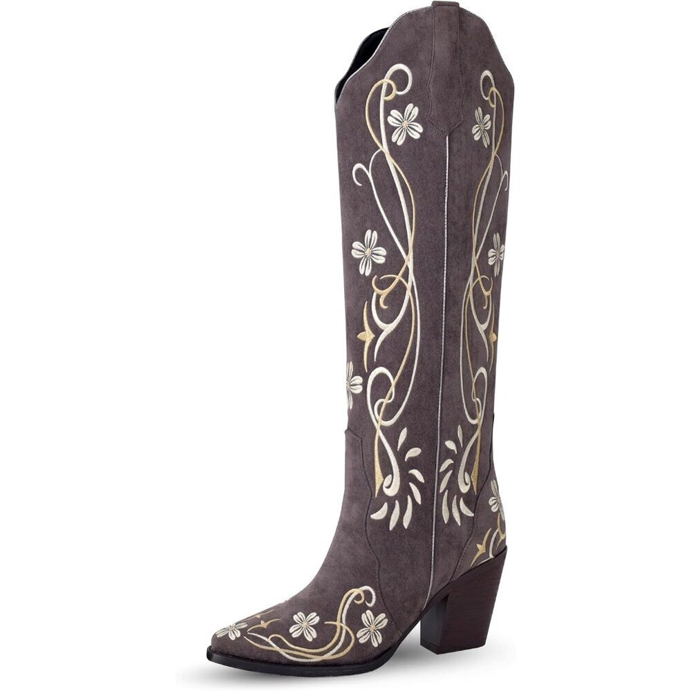 Women's Purple Gray Knee High Cowgirl Pointed Toe Chunky Heel Embroidery Boots